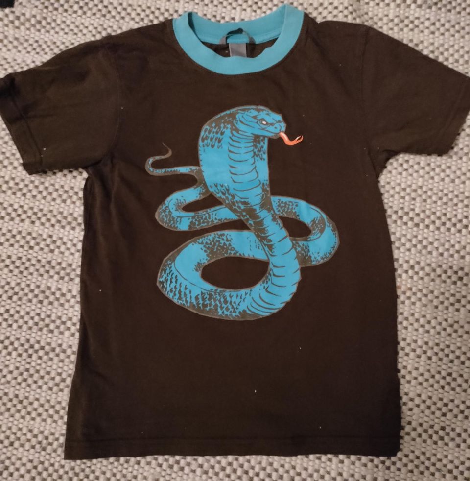 H&M käärme t-paita, koko 128 cm