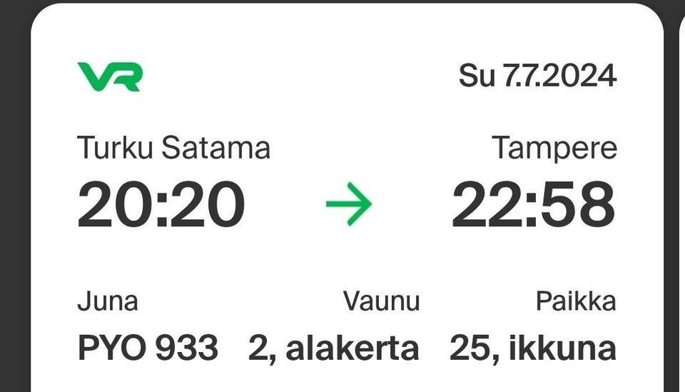 Tampere - Turku 2 lippua + Pyörät