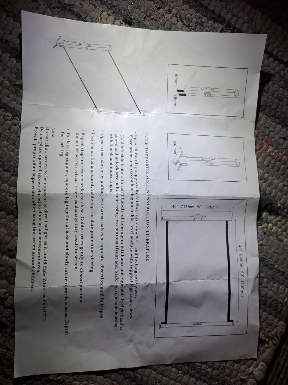 40" kannettava valkokangas pöytätelineellä