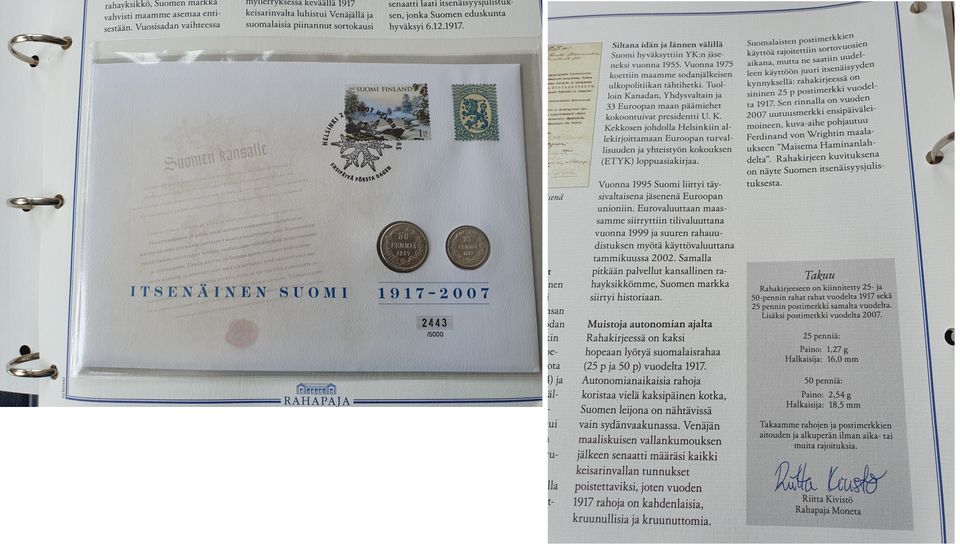 Monetan raha- ja mitalikirjekokoelma kansiossa 232 g puhdasta hopeaa