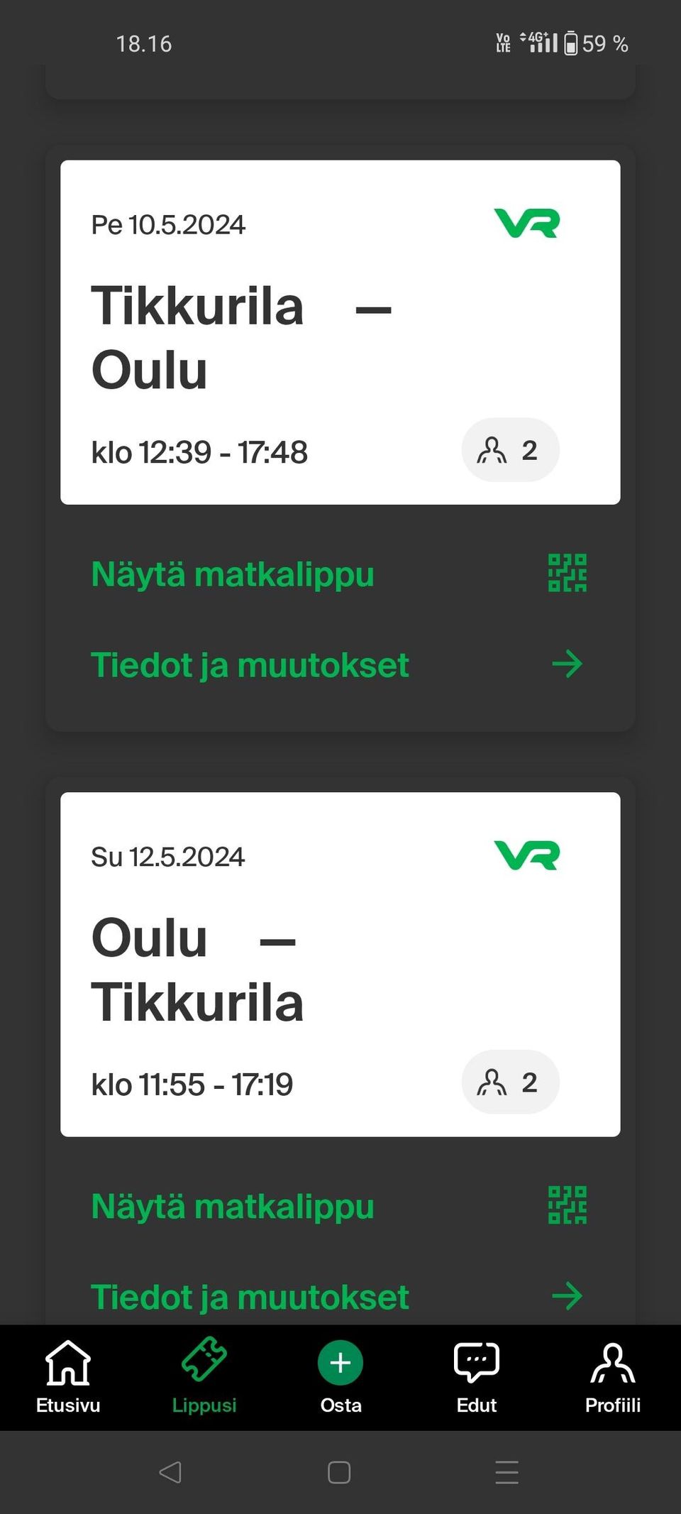 2:lle Tikkurila-Oulu 10.5. / Oulu-Tikkurila 12.5.