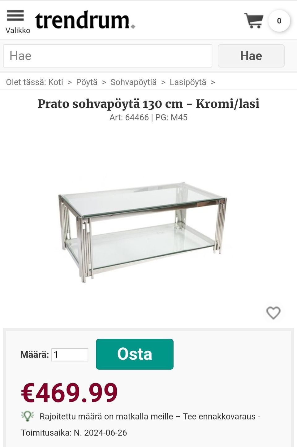 Prato- iso sohvapöytä ( ovh 469) kuljetus ok