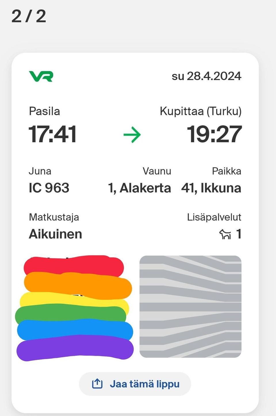 28.4 Tikkurila -> Pasila -> Turku Kupittaa 1hlö+koira🐶