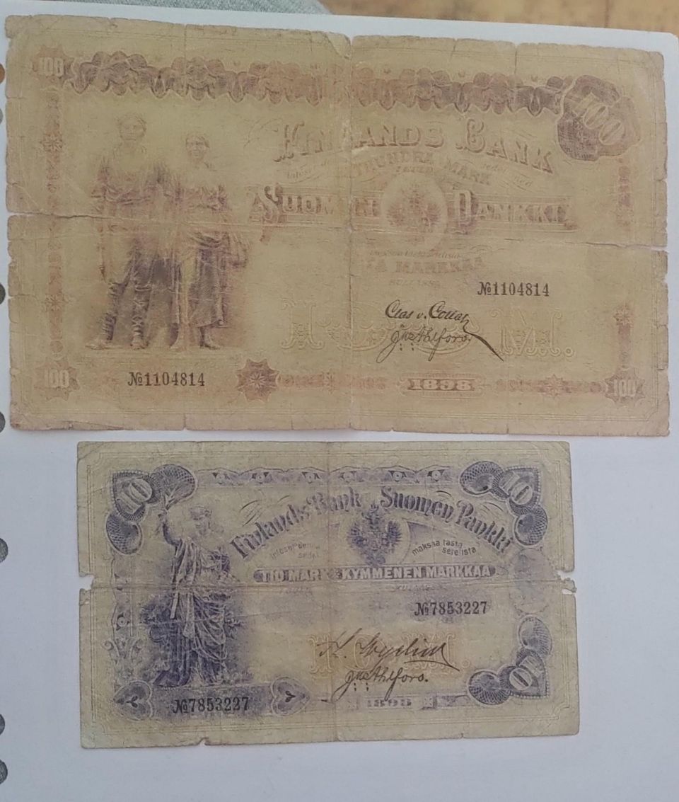 10 ja 100 markkaa v. 1898