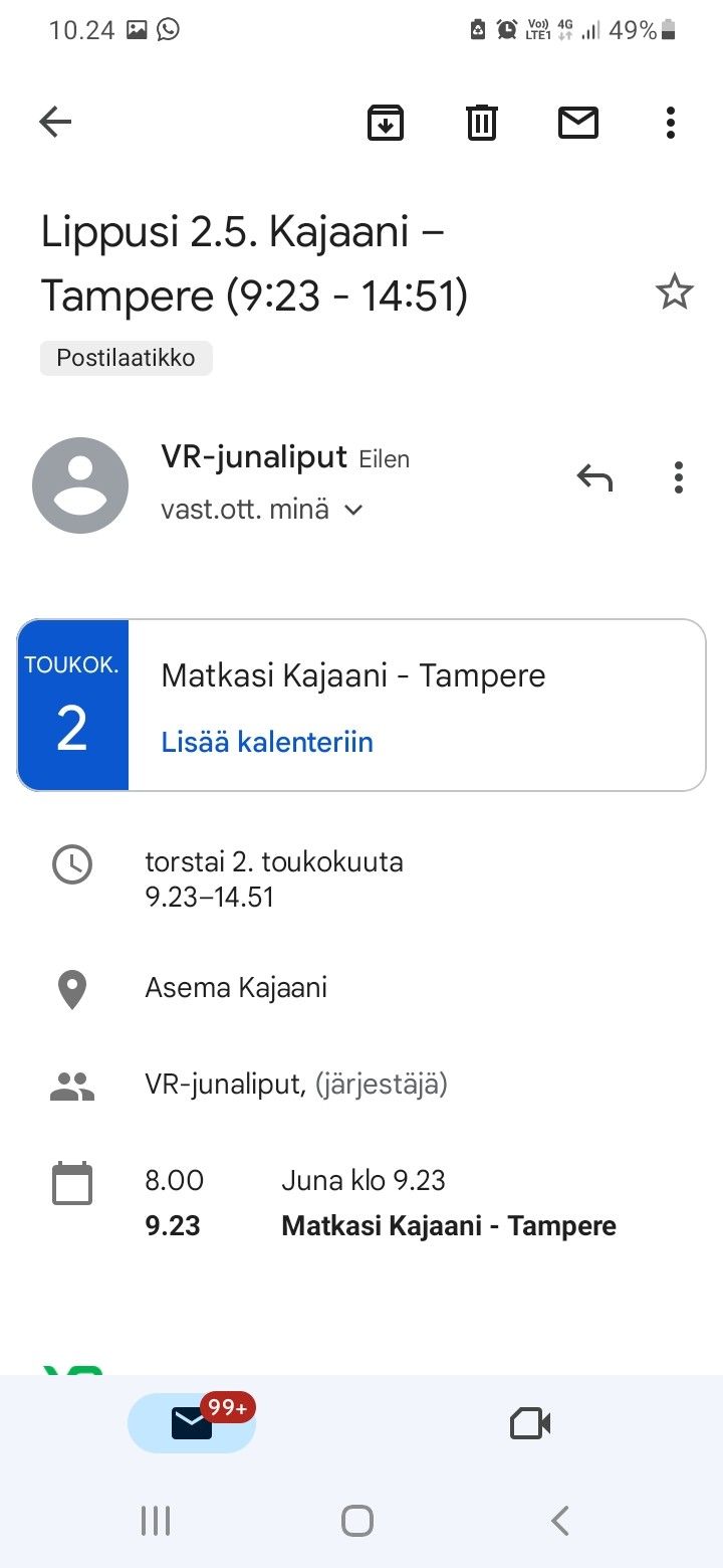 Junalippu Kajaani-Tampere-Kajaani