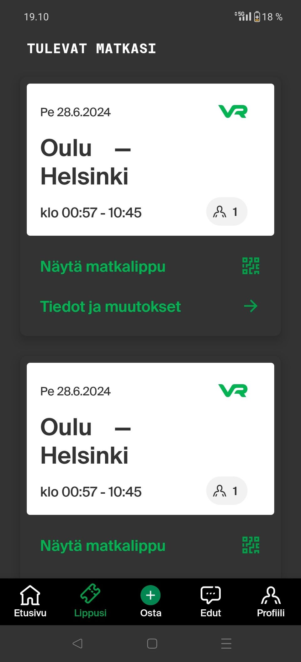 4 kpl VR junalipppuja OULU-HELSINKI(vastakkaiset paikat) Pe 28.6