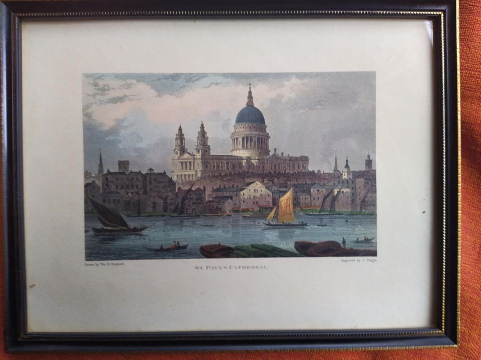 Vanha printti Thames joesta missä näkymä St.Paul's katedraalille.