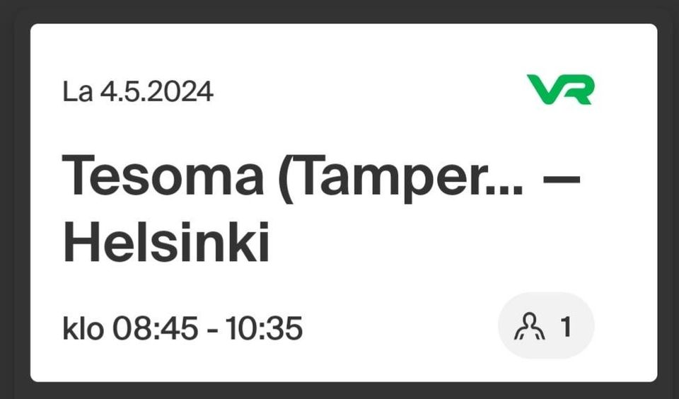 Tesoma (Tampere) - Helsinki opiskelija junalippu 4.5.
