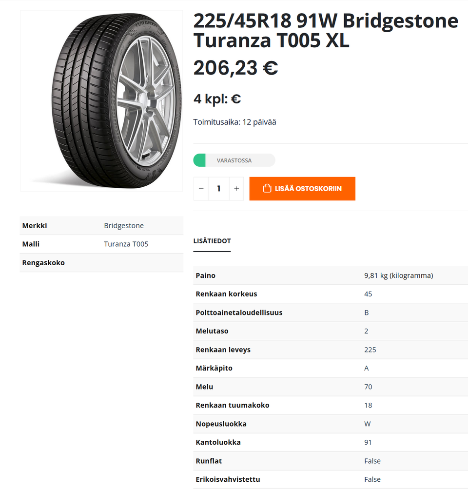 Kesärenkaat Bridgestone Turanza T005 4kpl
