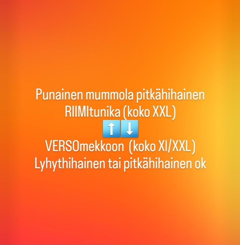 V: RIIMItunika (XXL) vaihtuu VERSOmekkoon (XL/XXL)
