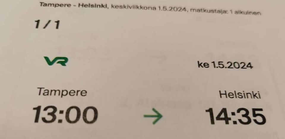 Junalippu Tmapere-Helsinki