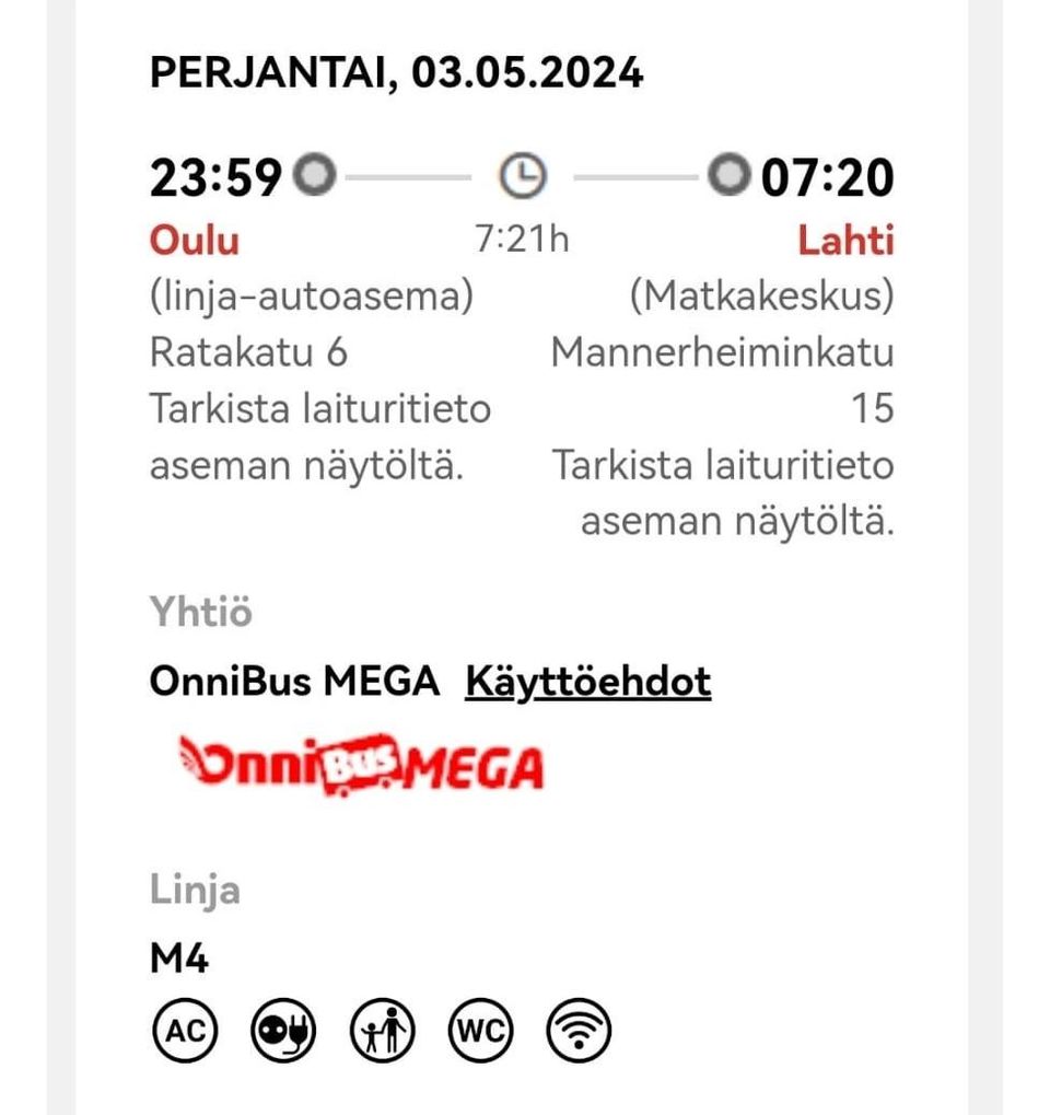 Oulu-Lahti (reitti M4) onnibus-lippu pe 3.5. Klo 23.59