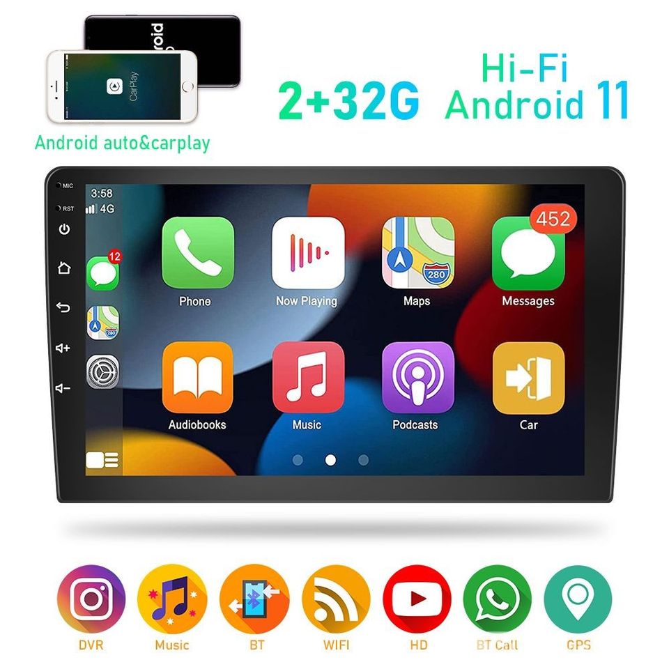 Uusi 10.1" 2 Din Android 11 2+32 Autosoitin Stereo CarPlay & Android GPS