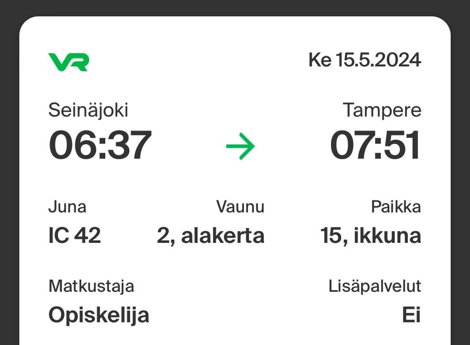 Junalippu 15.5.24 Seinäjoki-Tampere OPISKELIJA