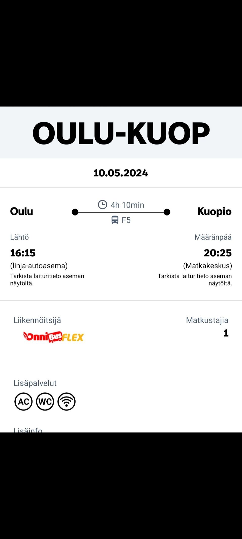 Matka liput 2×2 Oulu-kuopio 10.5
