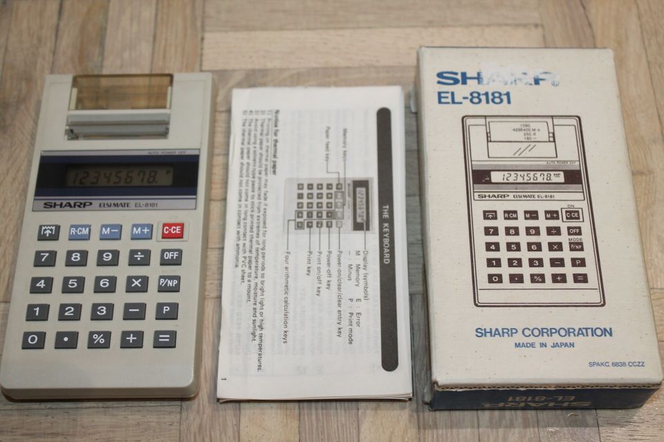 80-luku SHARP nauhalaskin + ohjeet kuitti laskukone vintage paketissa laskin