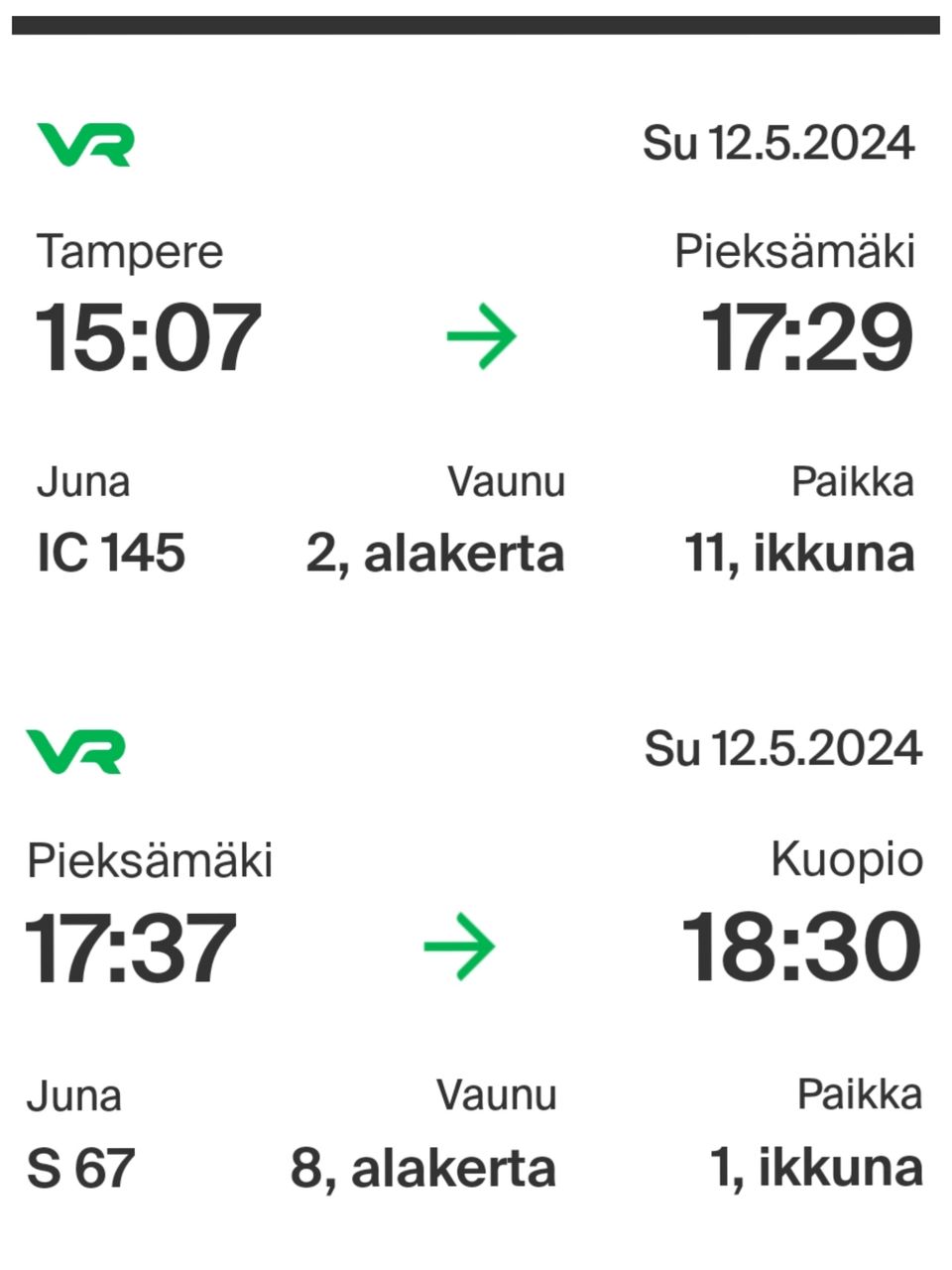 Junalippu Tampere - Kuopio 12.5.2024