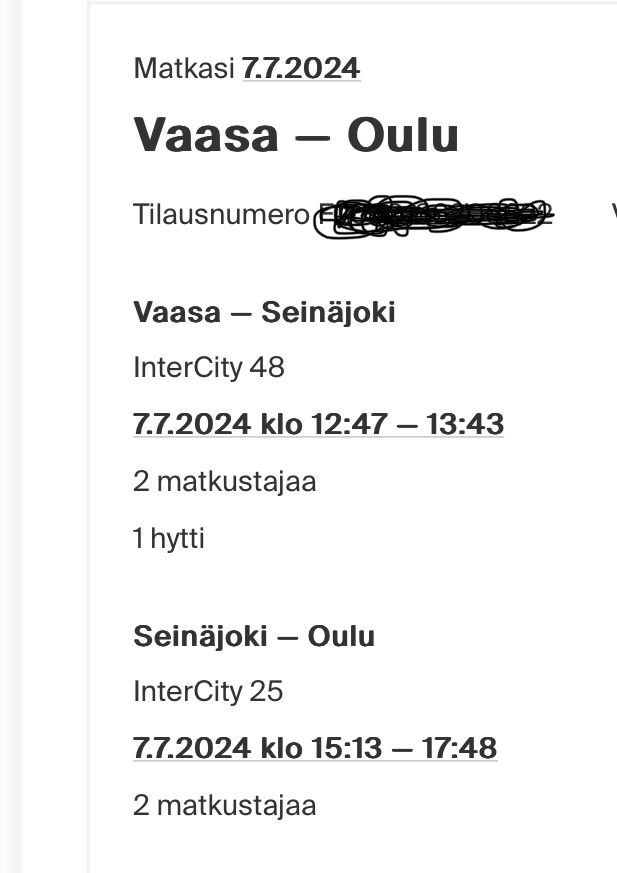 Meno 5.7.  Oulu -Vaasa ja paluu 7.7. Vaasa - Oulu 2 henkilölle