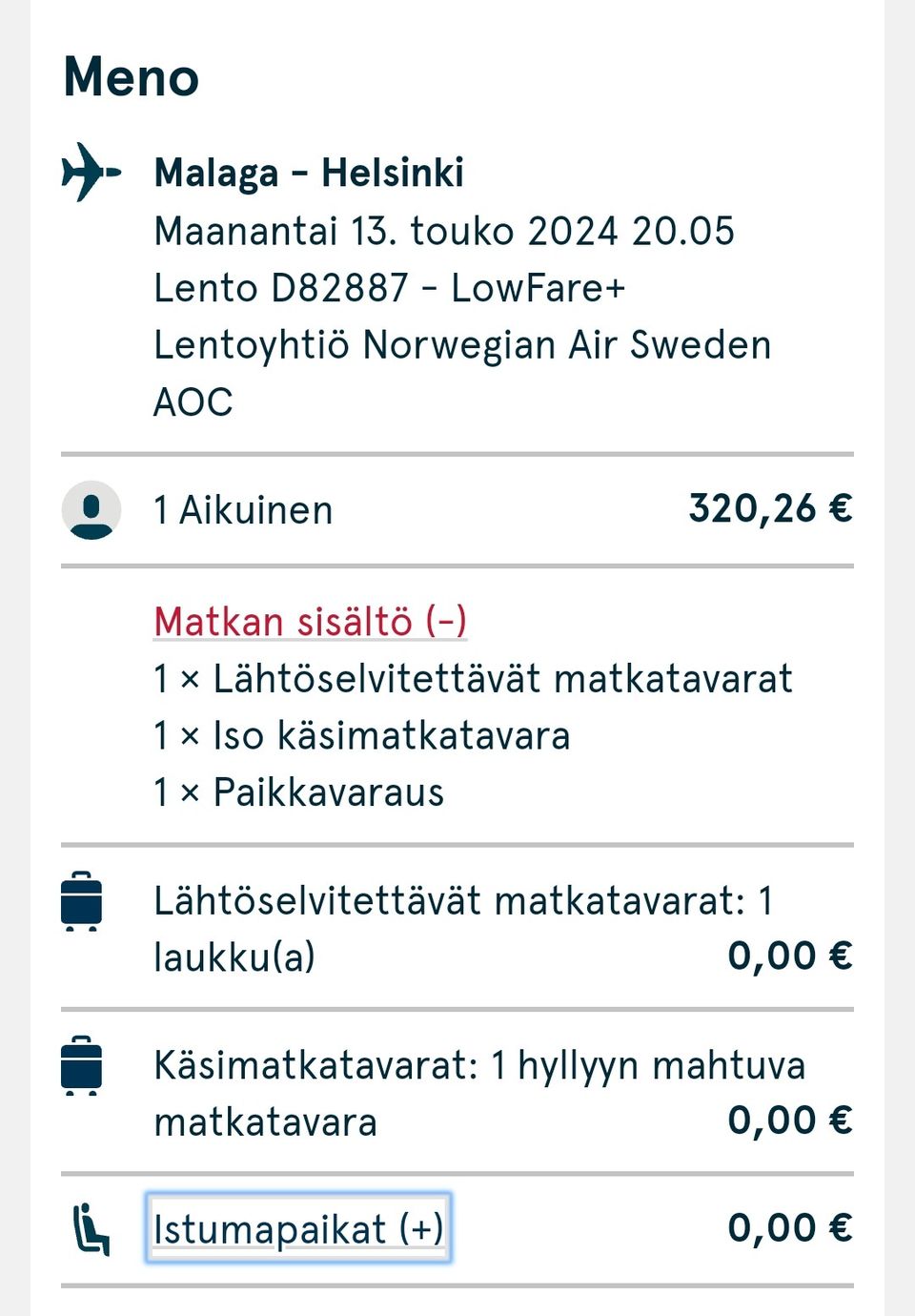 Malaga-Helsinki -lentolippu Norwegian