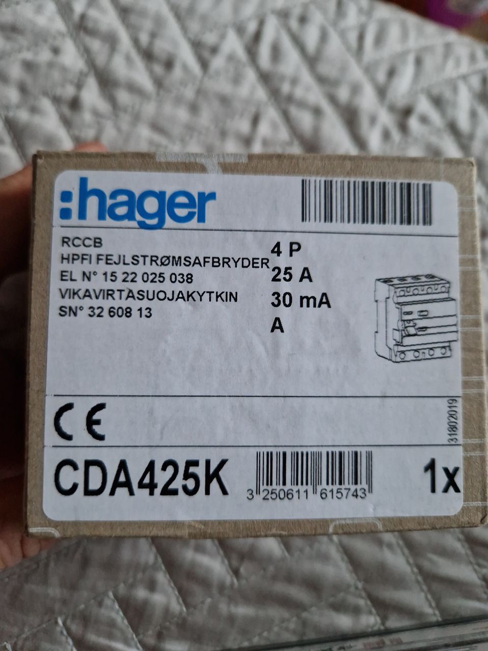 Vikavirtasuojakytkin Hager CDA425K 4x25A 30MA A-tyyppi