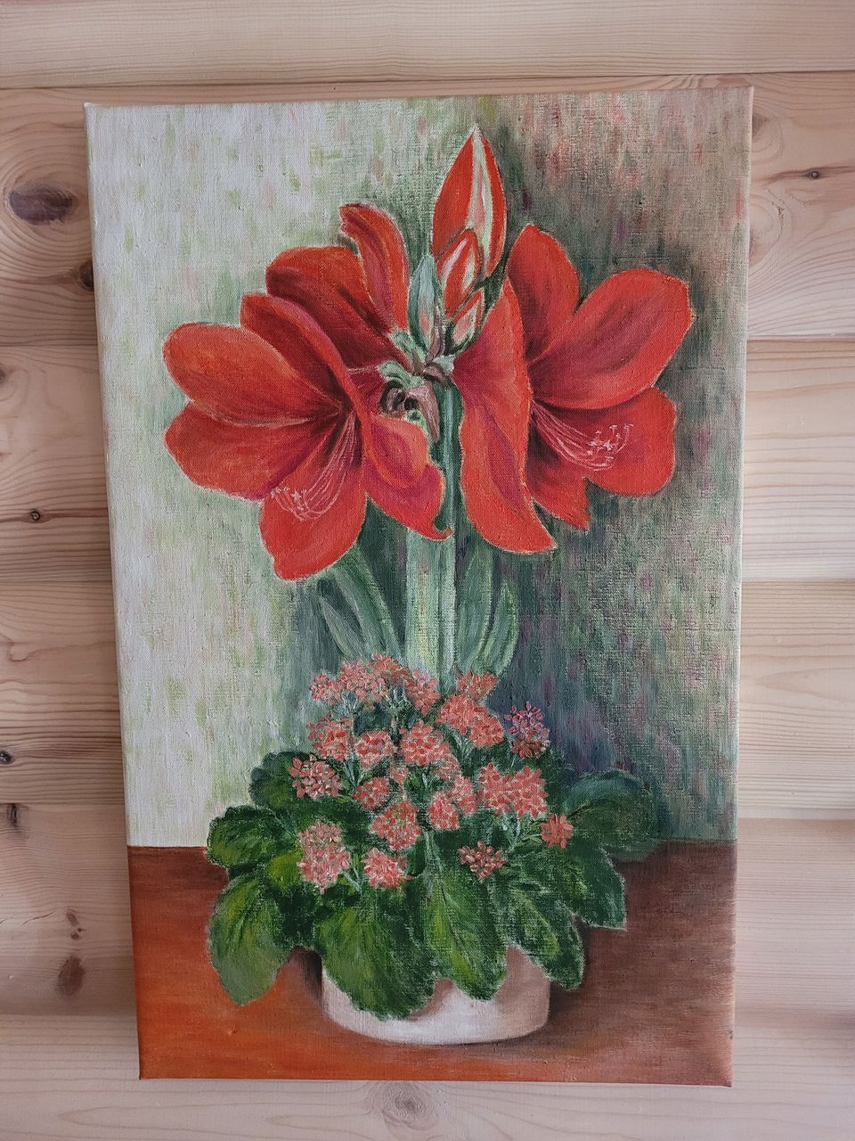 Hyvä äitienpäivälahja: Amaryllis, kankaalle tehty taide 46×73 cm