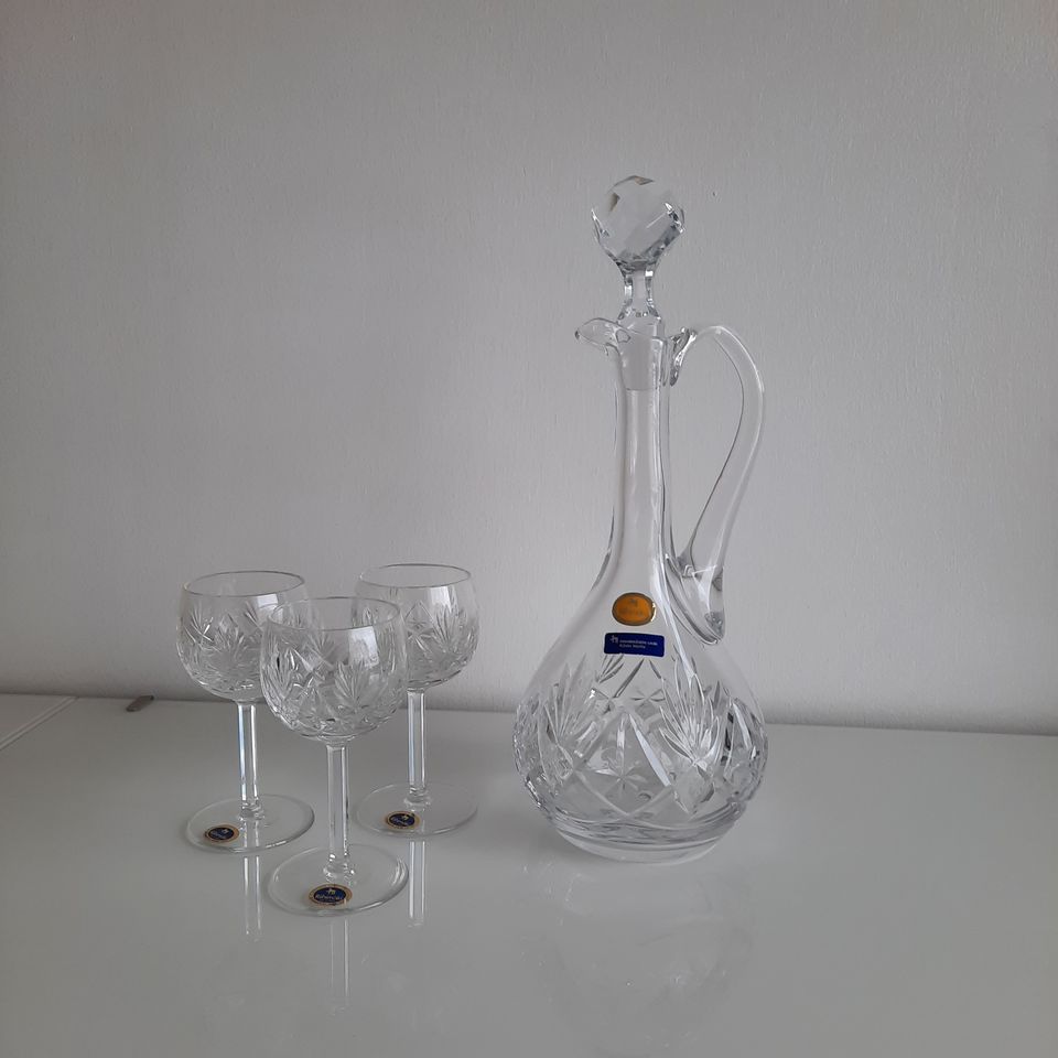 Riihimäenlasi Yrjö kristallikarahvi + 3 lasia
