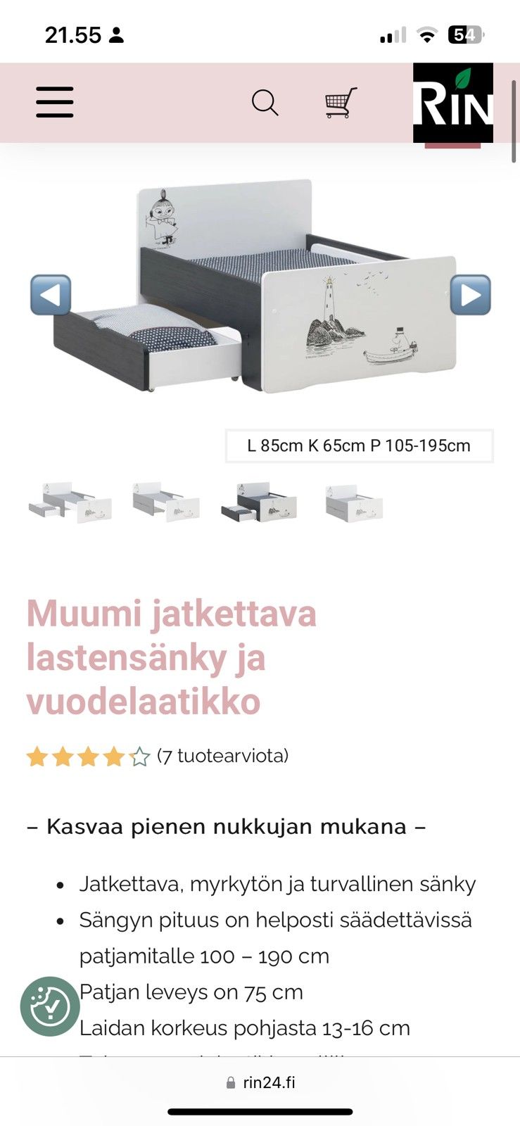 Lasten jatkettava sänky muumikuviolla.