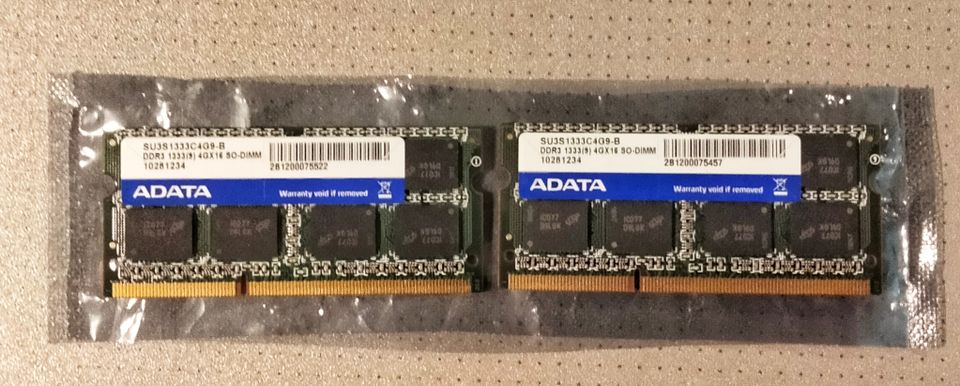 A-Datan SO-DIMM 2x4GB DDR3 1333MHz CL9 kannettavan muistikammat.