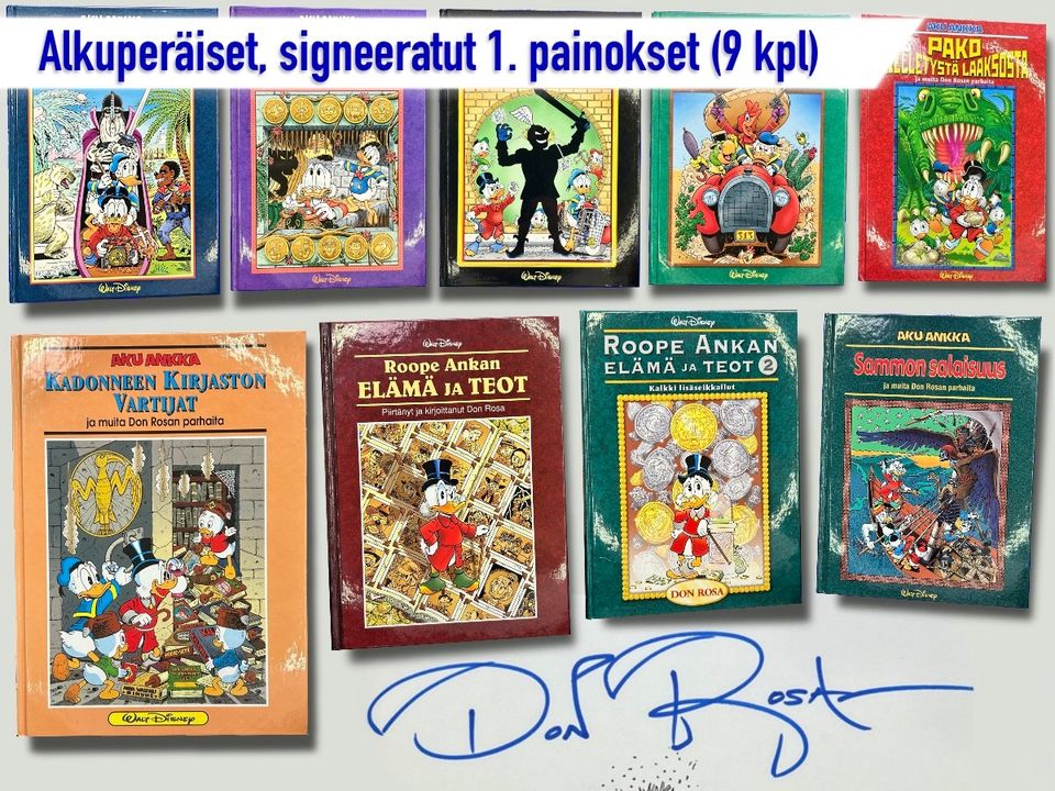 Täysi kokoelma Don Rosan signeeraamia ensipainosteoksia.