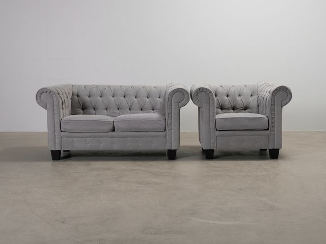 Chesterfield sohva & nojatuoli harmaa