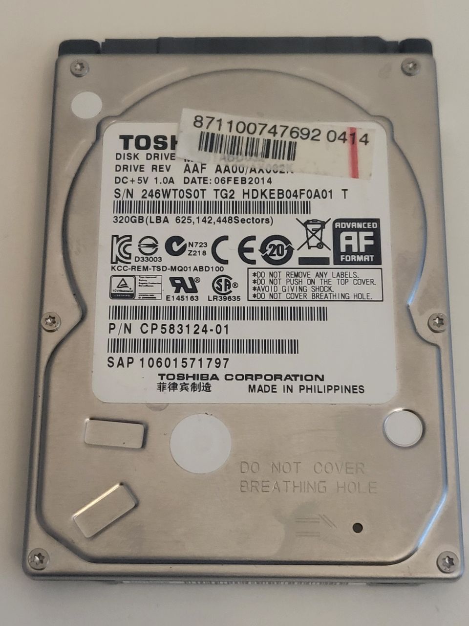 Toshiba 320GB 2,5" 5400rpm sata kovalevy