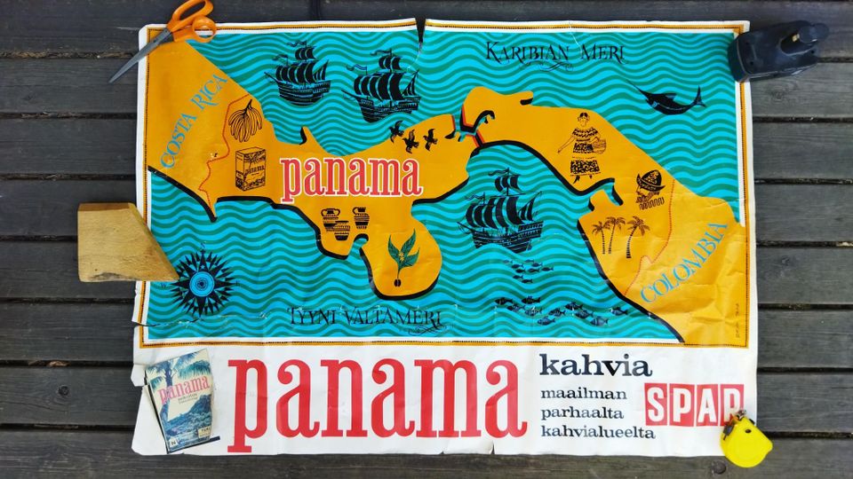 60-l vintage, kaupan mainosjuliste Panama -kahvia, patinoitunut.