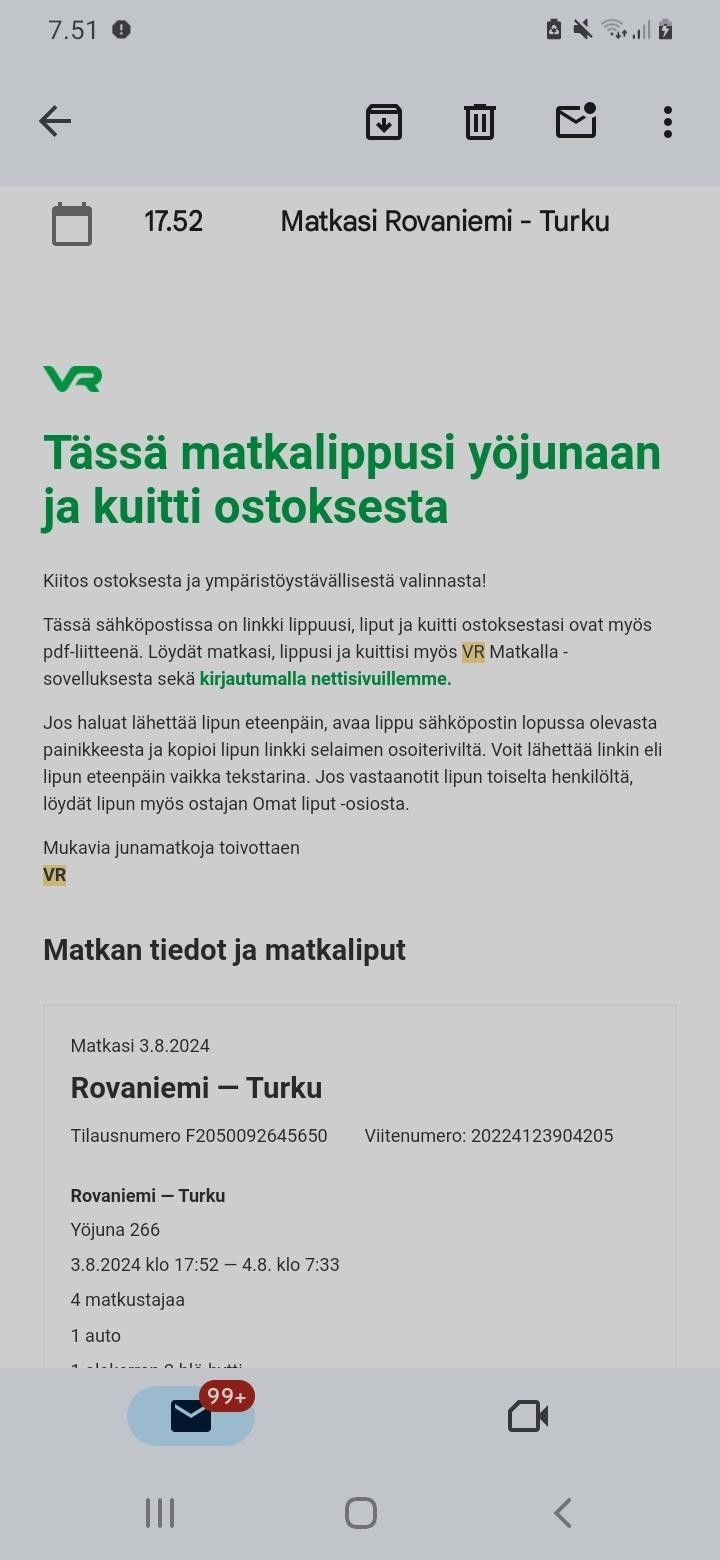 Autojuna Rovaniemi-Turku 03.08 4 hl hytti +lemmikki
