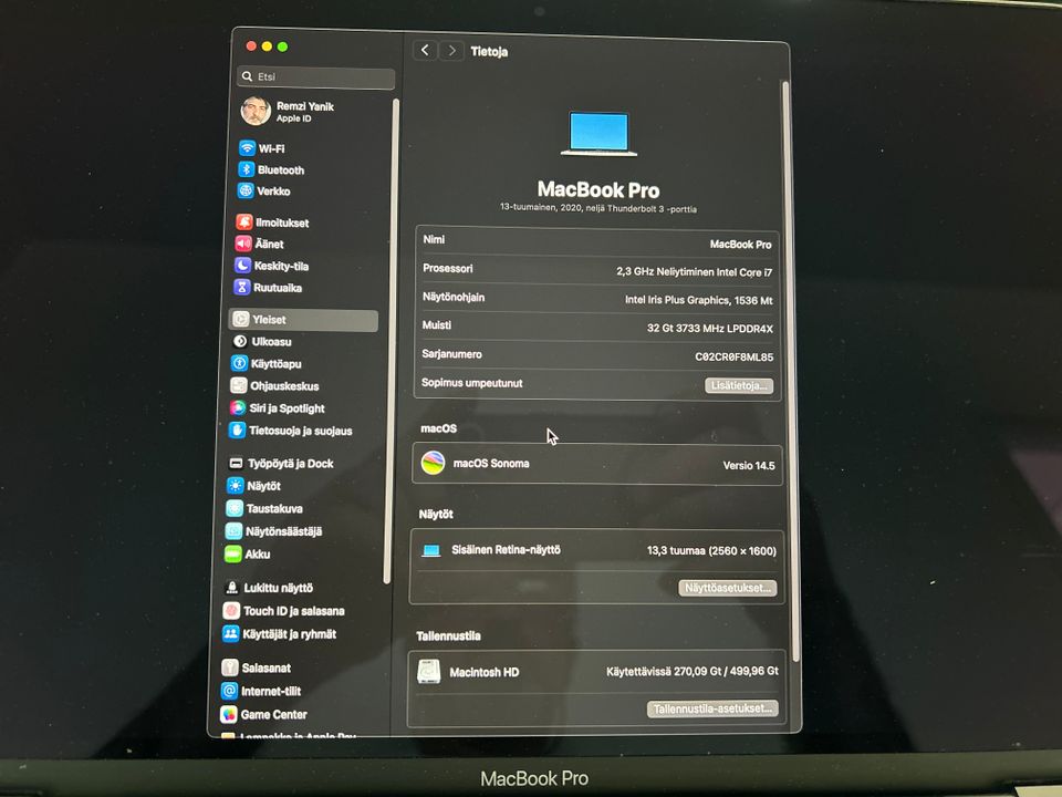 Macbook pro 2020 32gt Ram 13 tuumainen, macOS Sonoma versio 14.5