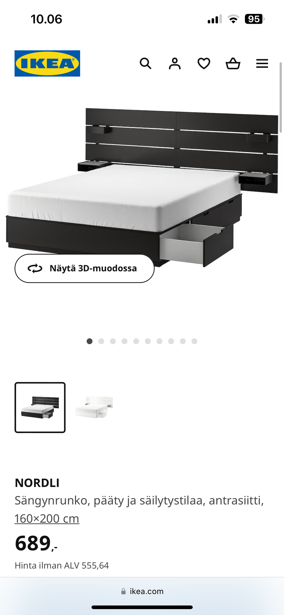 Ikea Nordli sänky päädyllä ja säilytystilalla