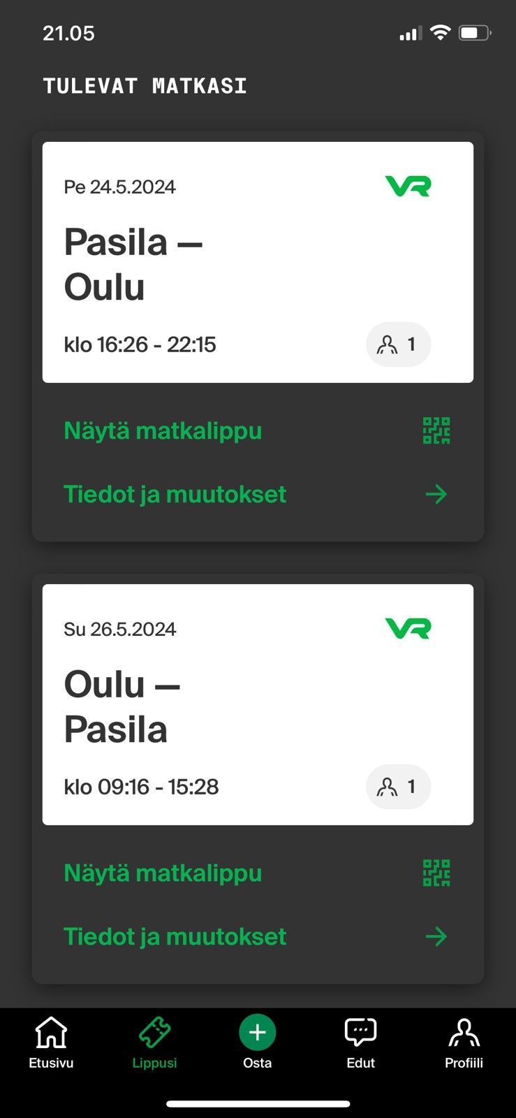 Junaliput Helsinki - Oulu - Helsinki