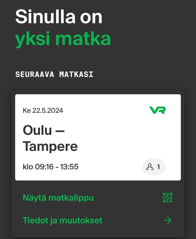 Junalippu opiskelija Oulu-Tre 22.5.2024