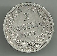 Hopea kolikko 2 markkaa vuodelta 1870