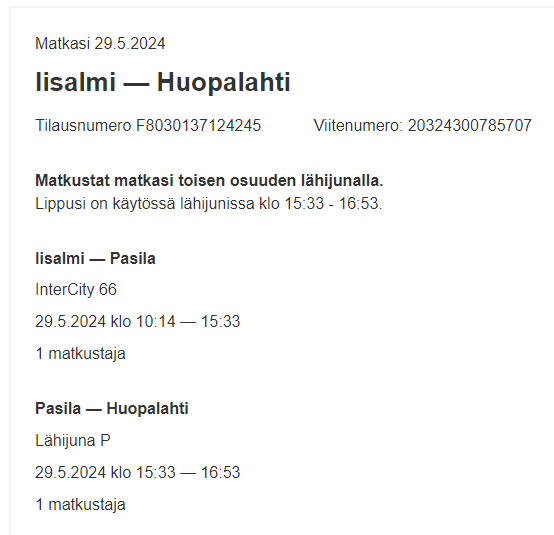 Junalippu VR Iisalmi - Pasila - Huopalahti 29.5 Ke.