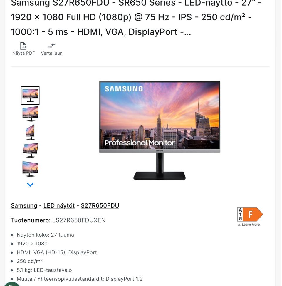 Samsung S27R650FDU  Näyttö, käyttämätön, avaamattomassa paketissa