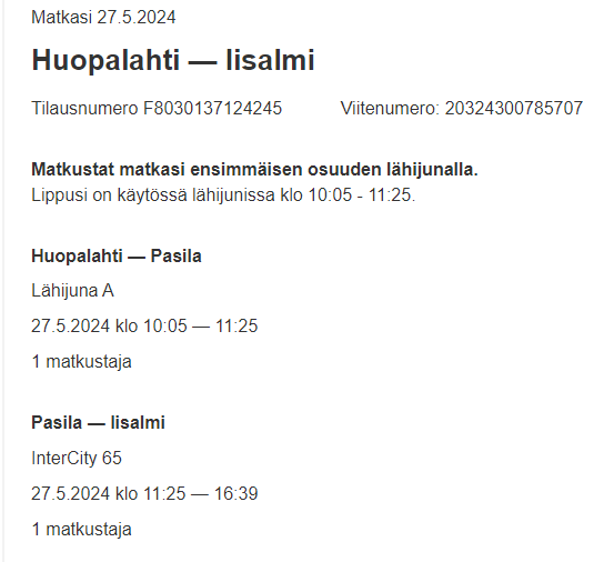 Junalippu! Huopalahti- Pasila - Iisalmi (27.5. Maanantai)