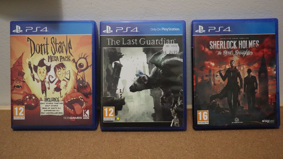 Kolme PS4 peliä, Sherlock Holmes, Don't Starve ja The Last Guardian