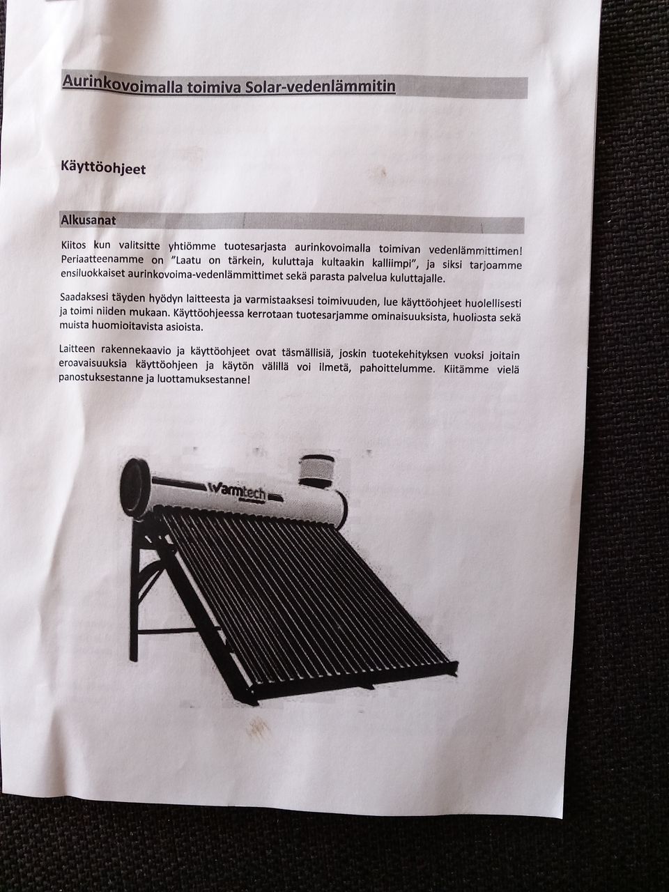 Aurinkovoimalla toimiva vedenlämmitin