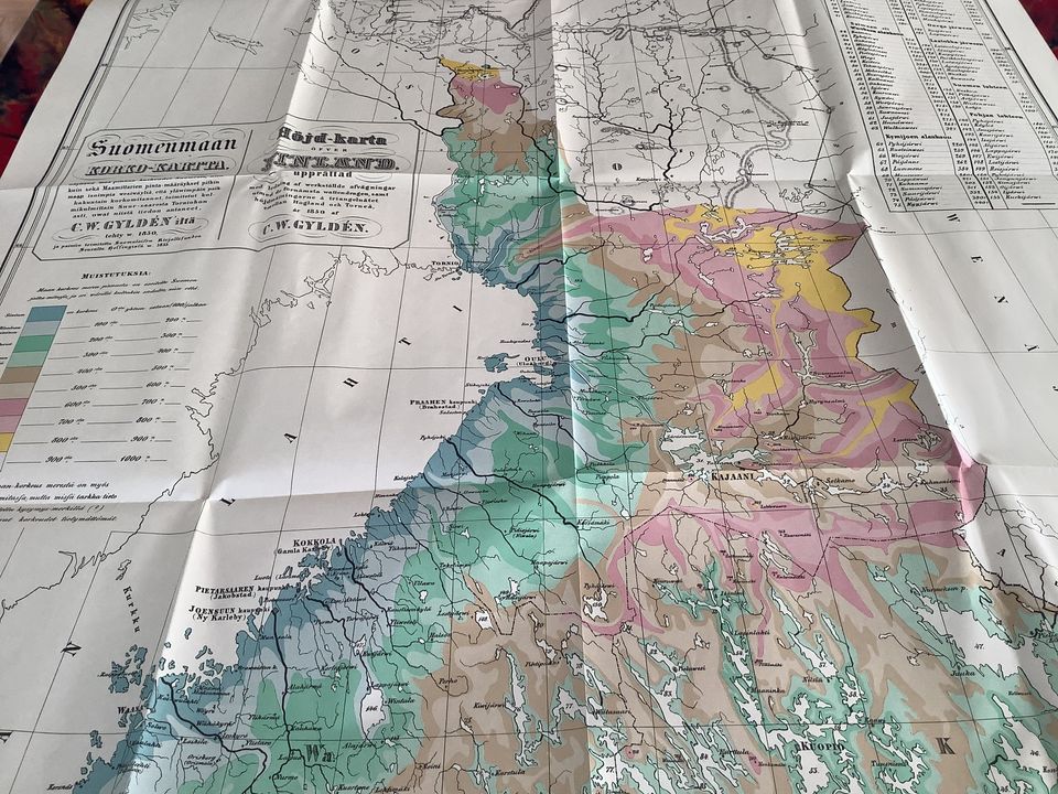 Vanha kartta. Suomenmaan korkokartta vuodelta 1850