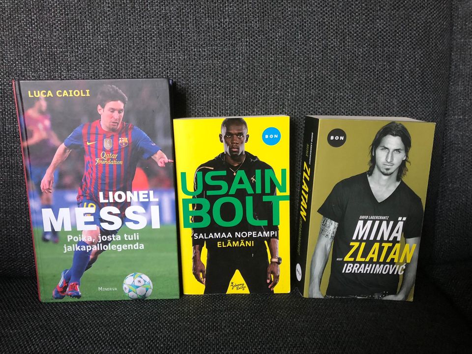 L. Messi, U. Bolt ja Zlatan elämänkerrat kirja ja pokkarit