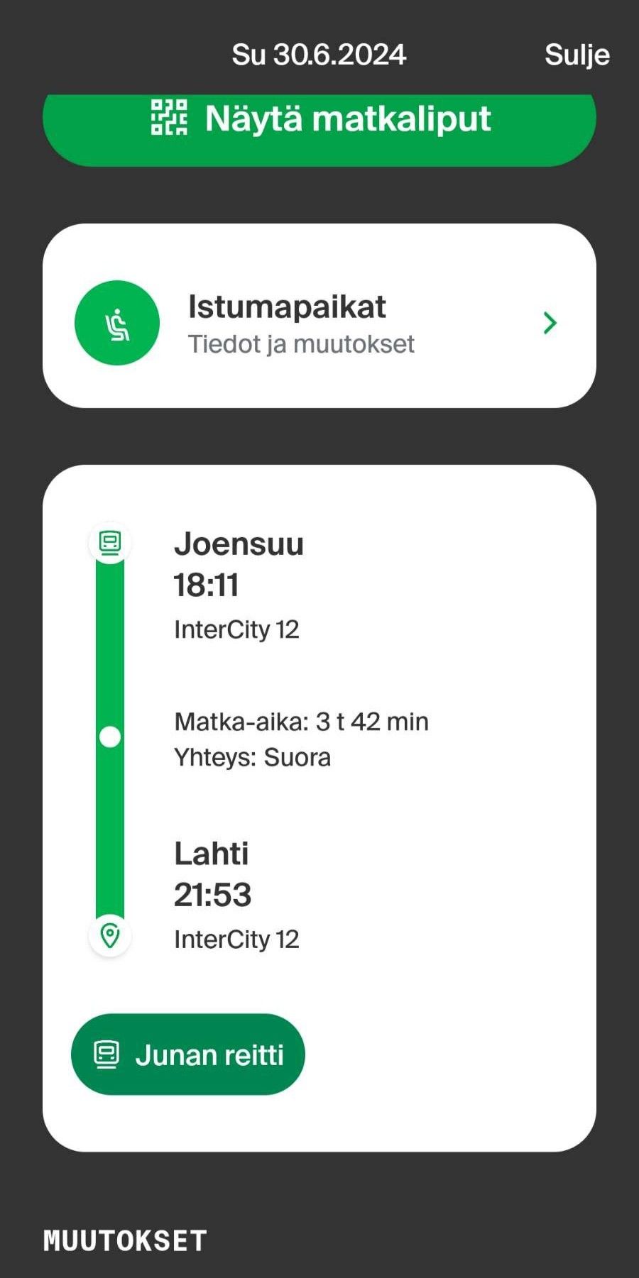 Junalippu Joensuu-Lahti 30.6.