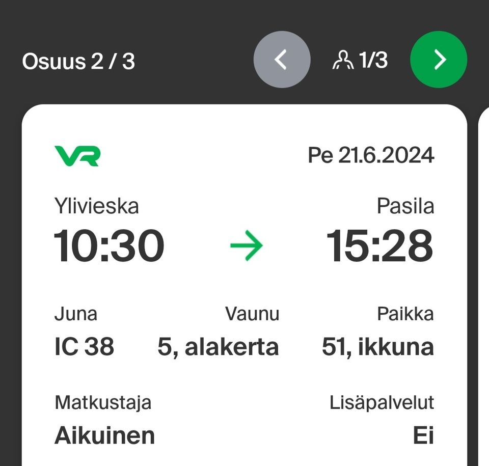 Junalippu Ylivieska - Pasila 21.6.2024