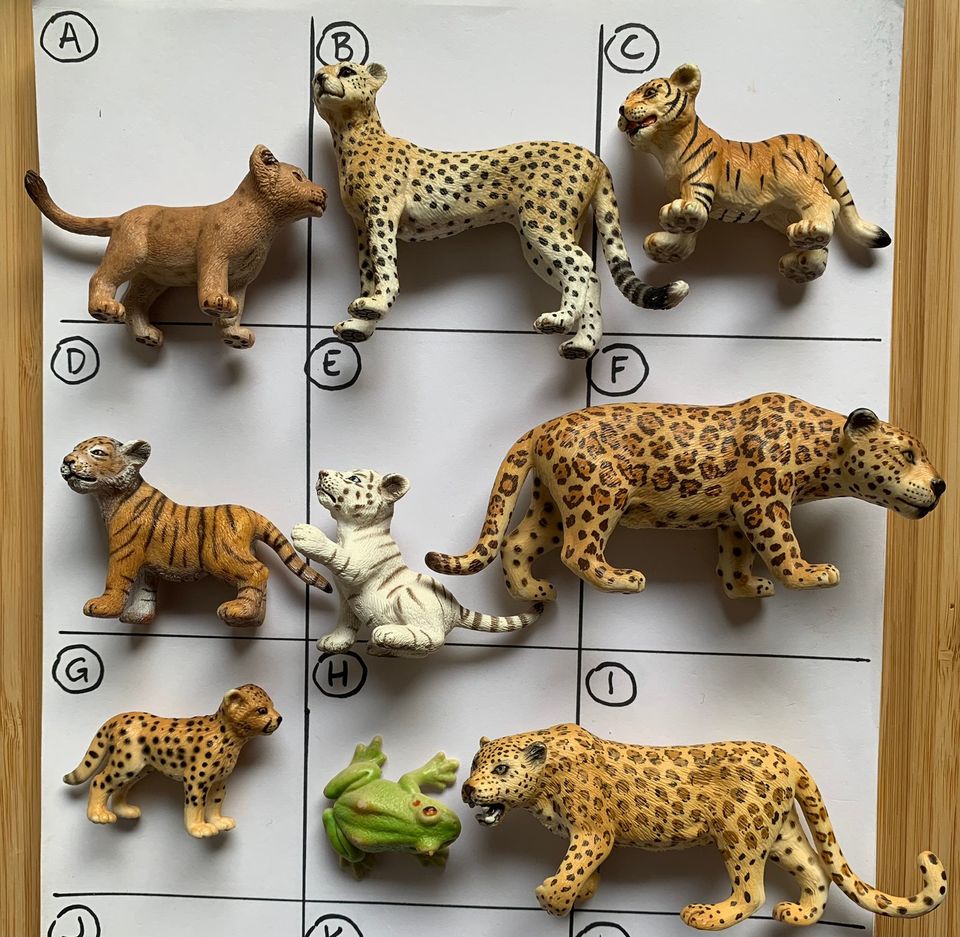 Schleich tiikeri pentu, gepardi, leijona, jaguaari, leopardi, sammakko