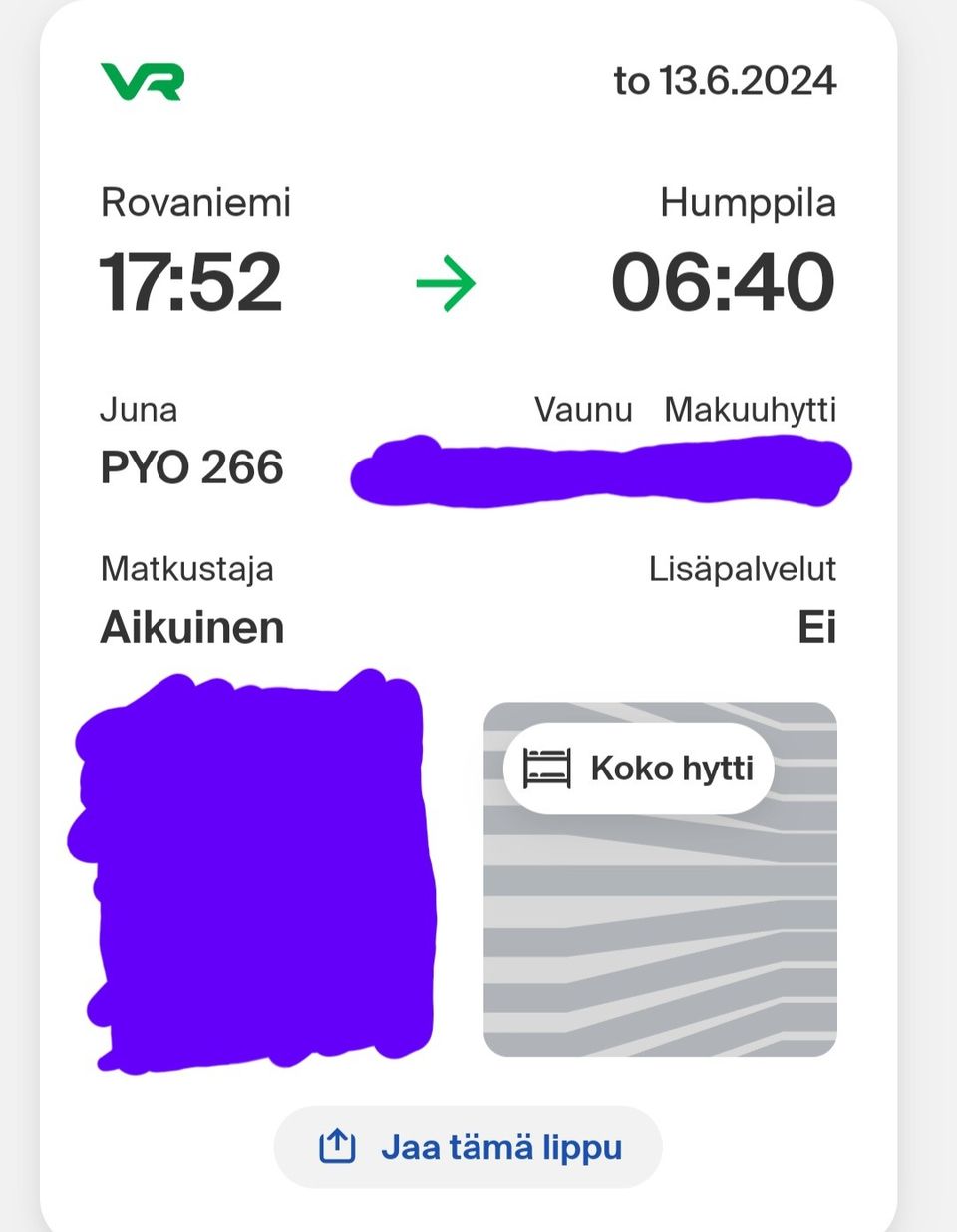 Lippu yöjunaan Rovaniemi-Humppila 13.6.2024 klo 17.52.