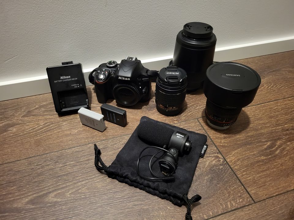 Nikon D3300 + objektiivit + paljon lisävarusteita
